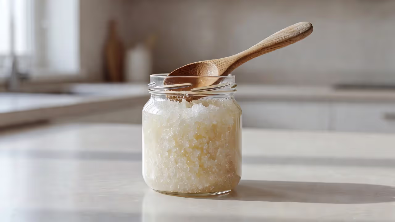 Банка белого кристаллизованного мёда на кухне