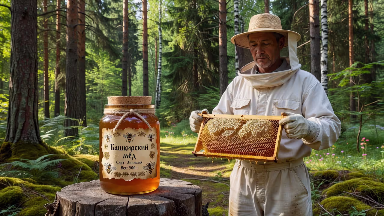Подлинный башкирский мёд с пасеки — банка и пасечник с рамкой